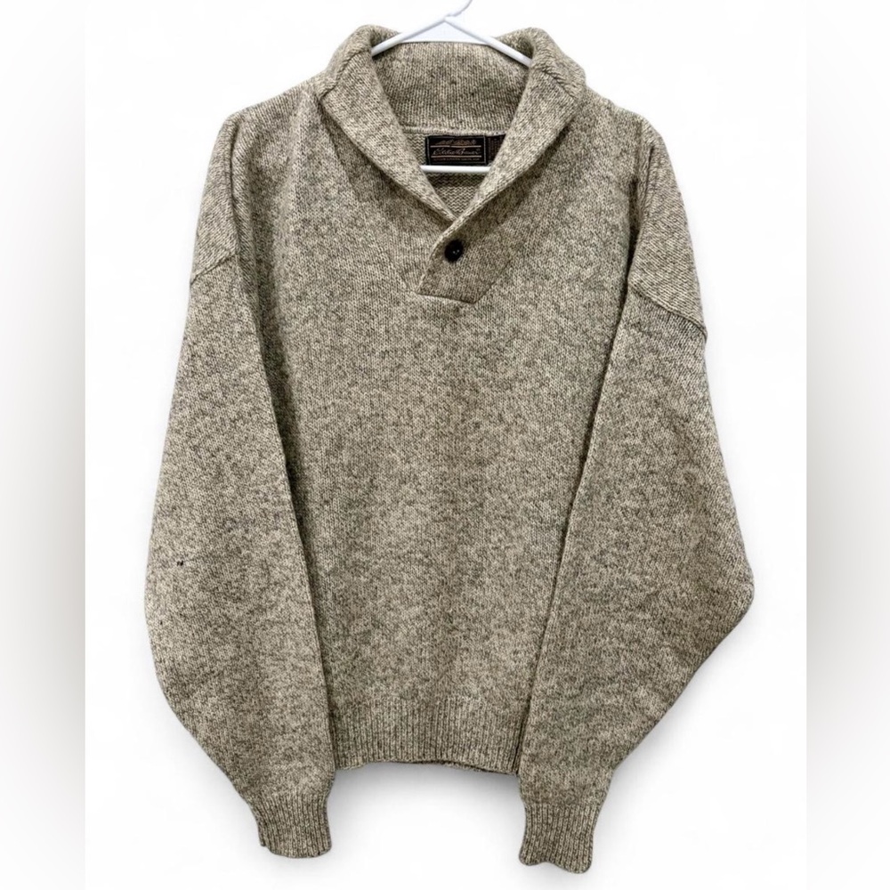 Men's Vintage 1980s Eddie Bauer‎ Wool Blend Shawl Collar Knit Sweater XL Beige